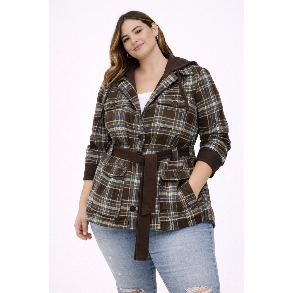 Self Esteem Plaid Hooded Women XL Brown Blue Belted Utility Shacket Grunge